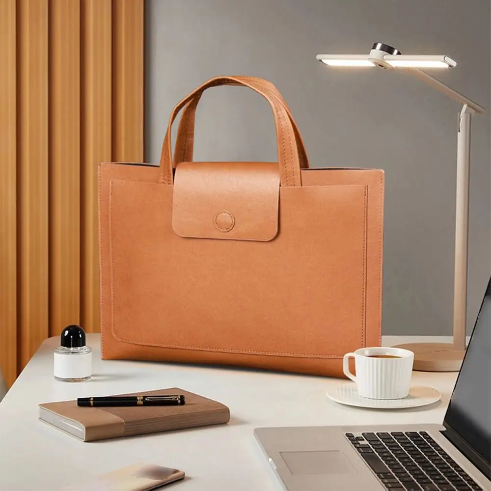 

Large Capacity A4 Leather Document Bag Magnetic Button Simple Waterproof Laptop Cases Elegant with Handle