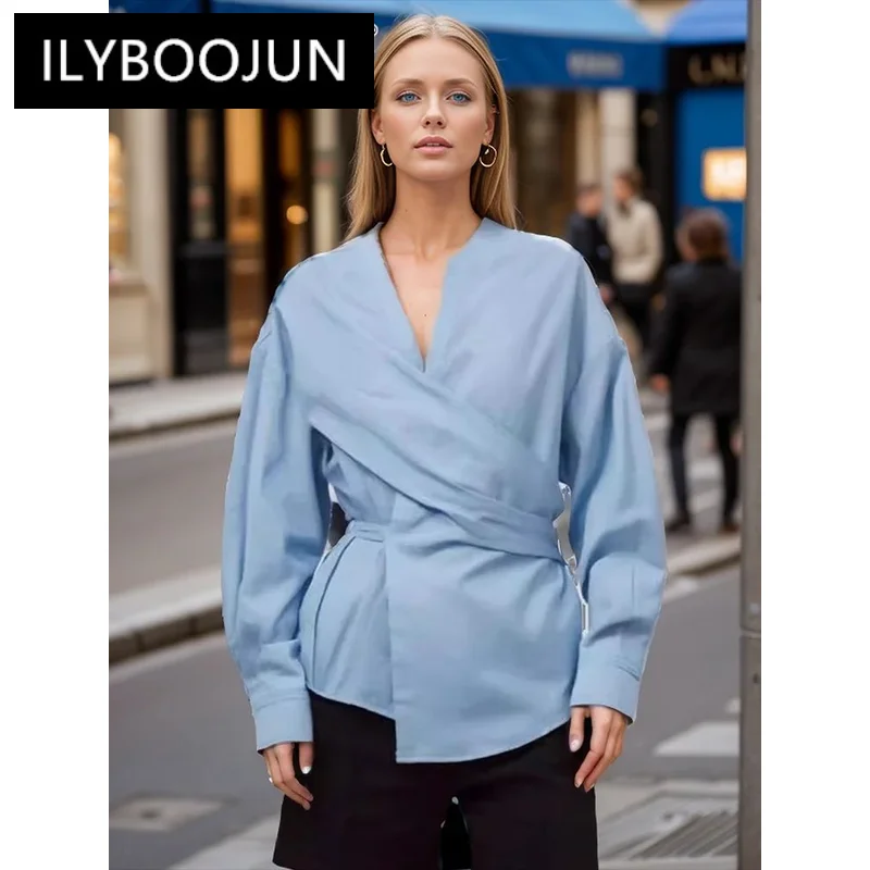 

ILYBOOJUN Solid Irregular Chic Blouse For Women V Neck Long Sleeve Tunic Slim Asymmetrical Shirts Female Fashion Style New