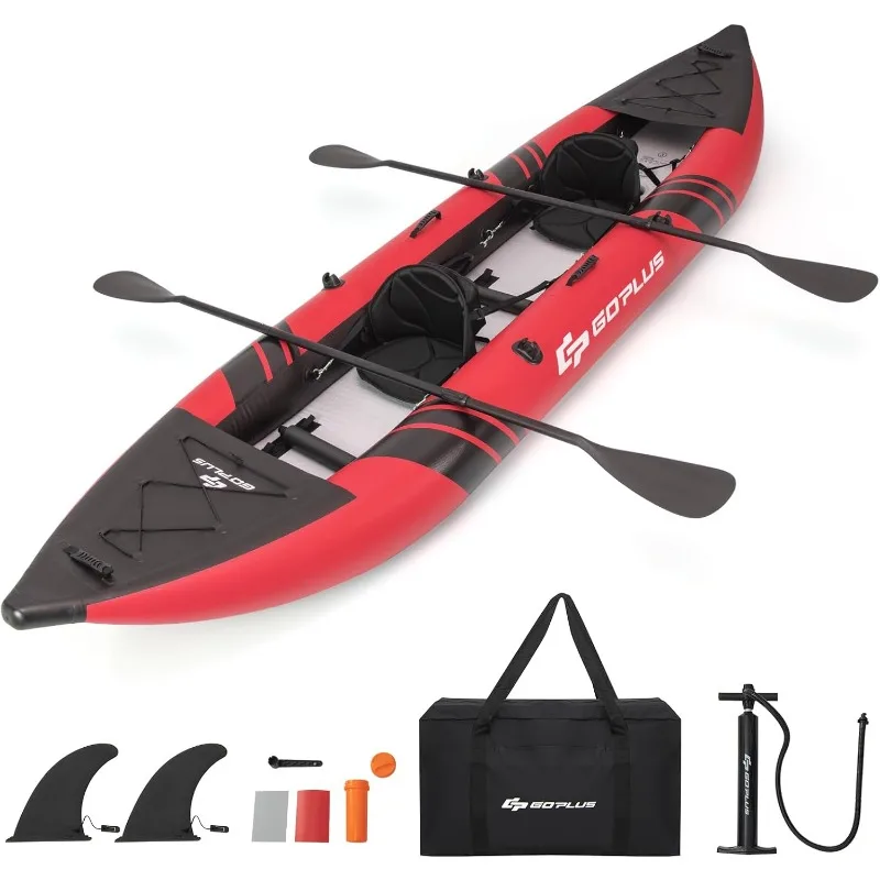 

Goplus Inflatable Kayak, 2-Person Kayak Set for Adults with 507 LBS Weight Capacity, 2 Aluminium Oars, EVA Padded Seat, 2 Fins