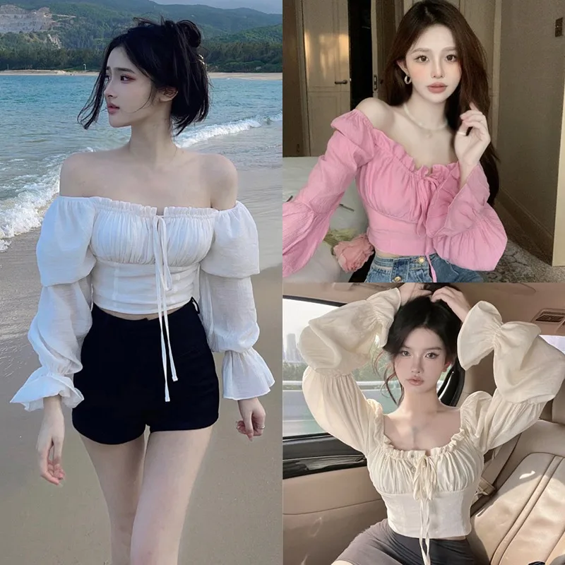 Long Sleeve Hotsweet Slim Blouse Elegant Korean Fashion Pleated Crop Top Sexy Shirt Sweet Spring Autumn Women Clothing