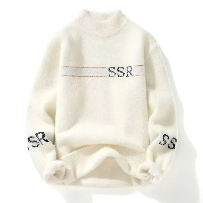 

New Men's Plush Sweater Pullovers Korean Winter Warm O Neck Black Sweater High Quality Cool Top Fashionable Men's Clothing 2024