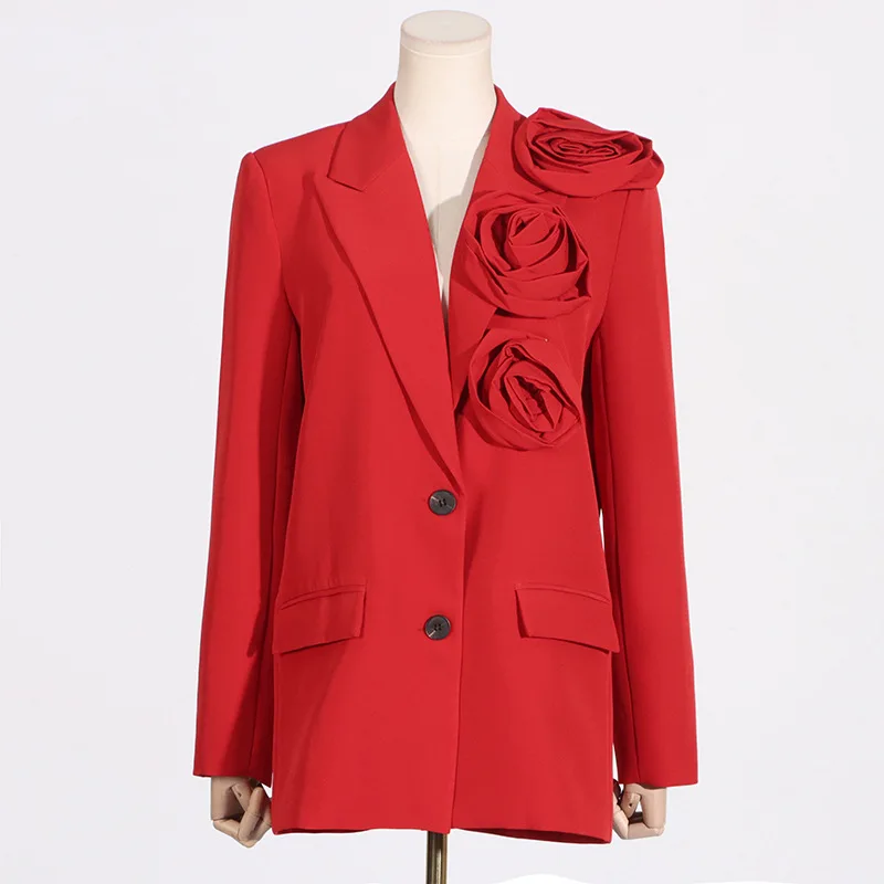 Rood Damespak 1 Stuk Blazer Designer 3d Bloem Sexy V-Hals Formele Katoenen Dames Werkkleding Lange Jas Prom Jurk