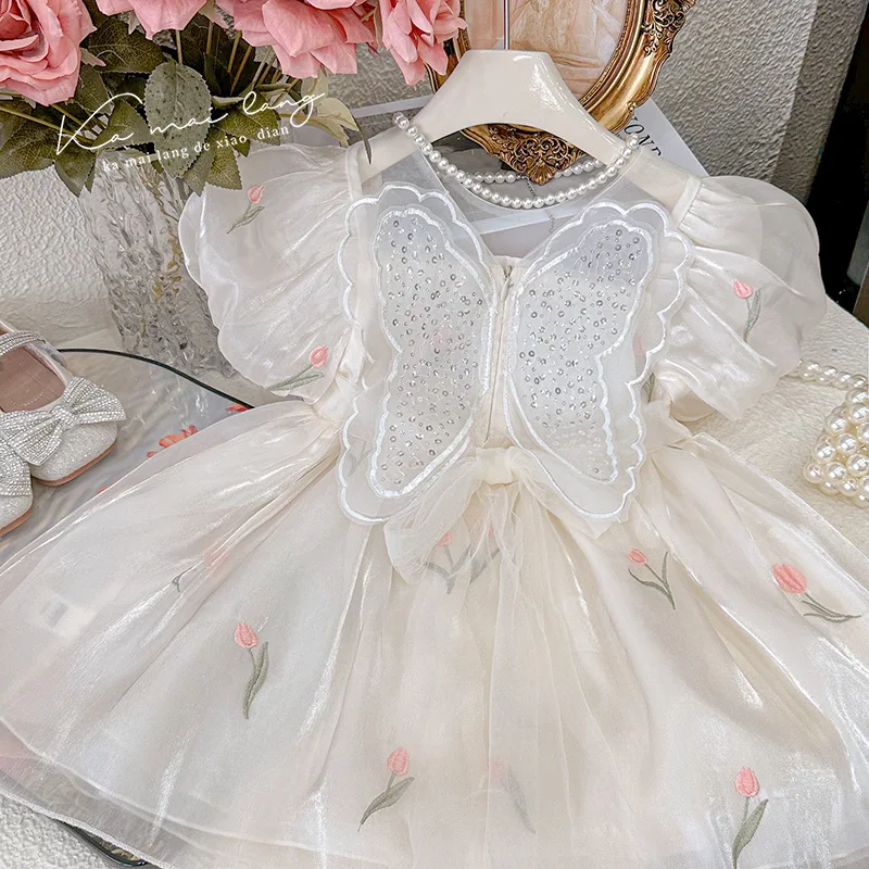 ZLXZ-Girls' Dress2024Summer New Sweet Sequins Butterfly Wings Baby Girl Dress Puff Sleeve Princess Dress