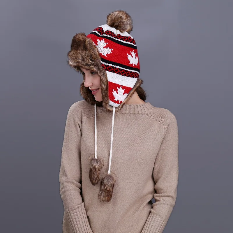 Women's Knitted Winter Hat with Fur Lining Maple Leaf Pattern Warm Earflap Cap Outdoor Cycling Skiing Windproof Cold Protection