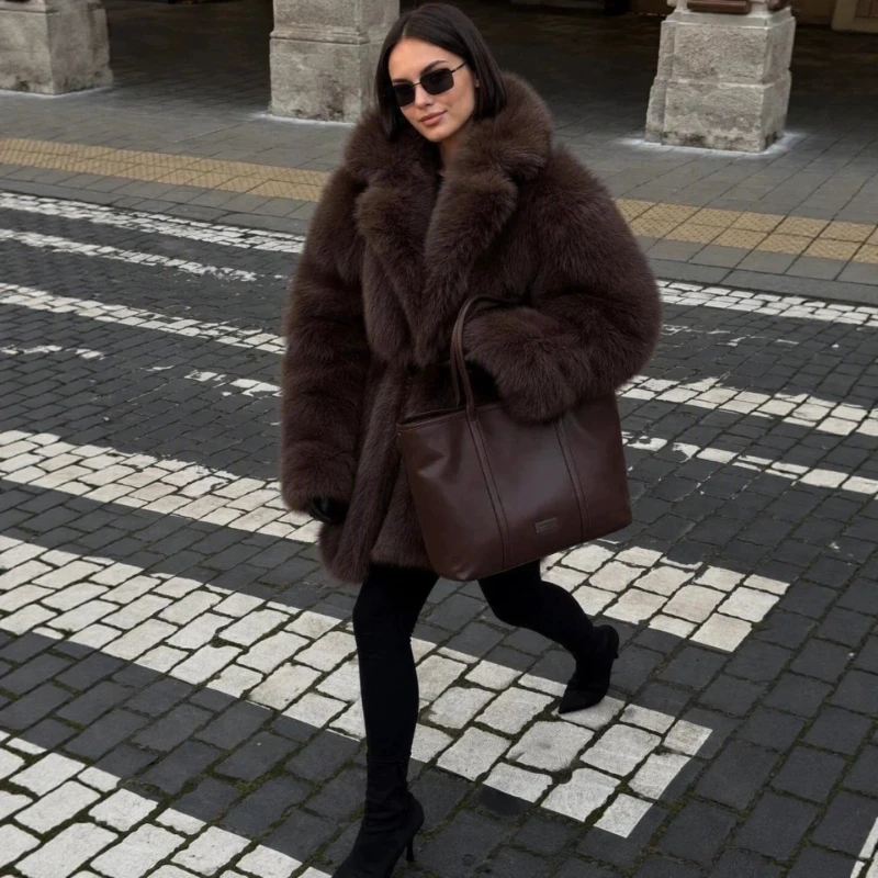 Winter New Style Fashion European American Cross Border Women's Wear Artificial Fur Grass Coat Flip Collar Warm Belt Outerwear