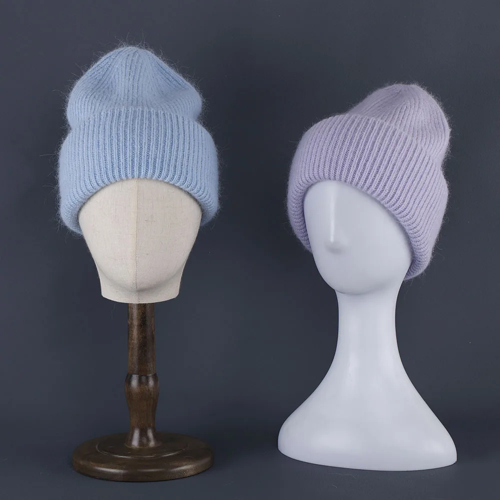 2024 Kaninchen Fell Mützen Weiche Warme Flauschige Winter Hut für Frauen Angora Gestrickte Hut Skullies Beanies Weibliche Motorhaube Frau Stricken Kappe – Detail 12