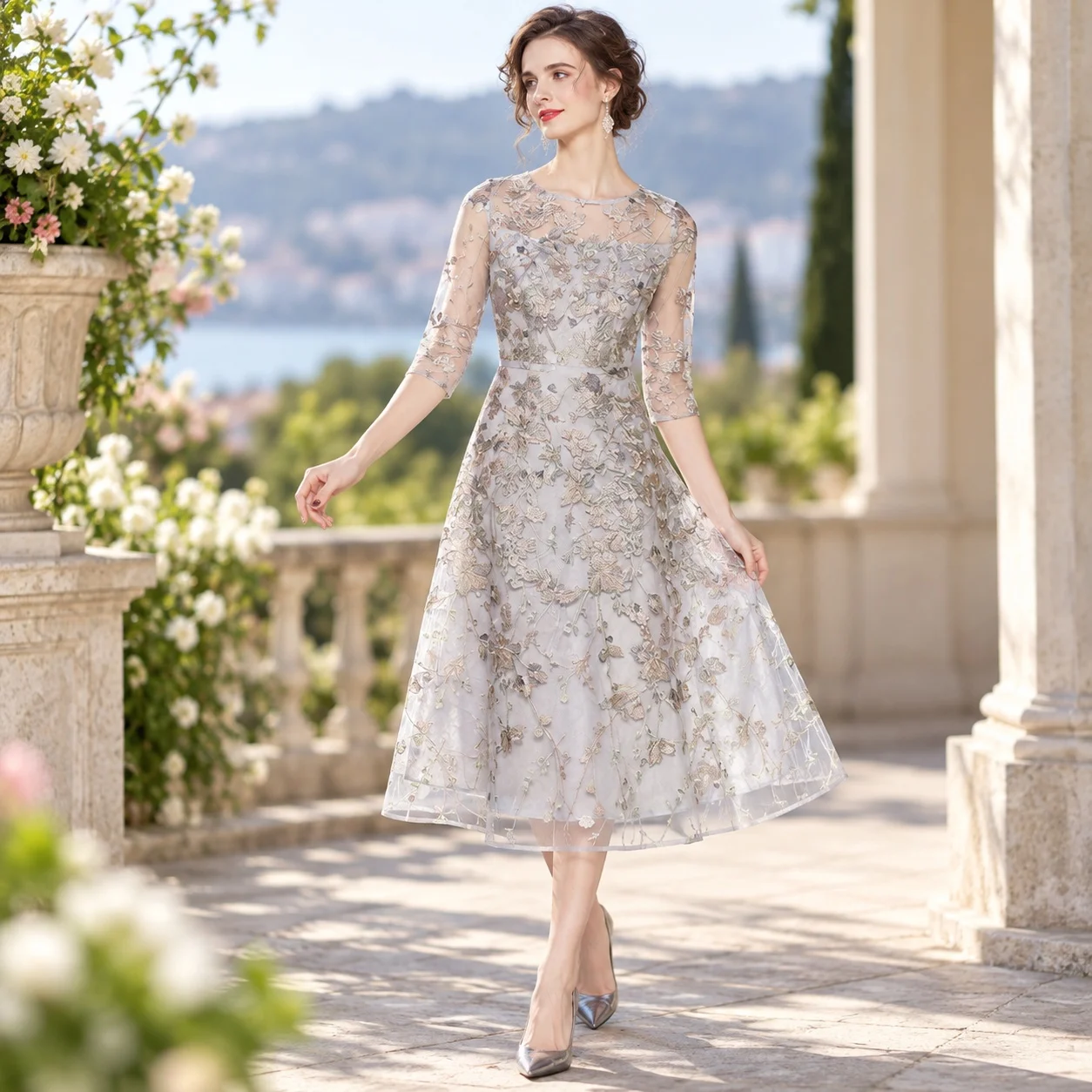 Three Quarter Sleeve Round Neck Gown Maxi Length Commuter Chic with Embroidery Elegant a Line Long Dress Summer for Women
