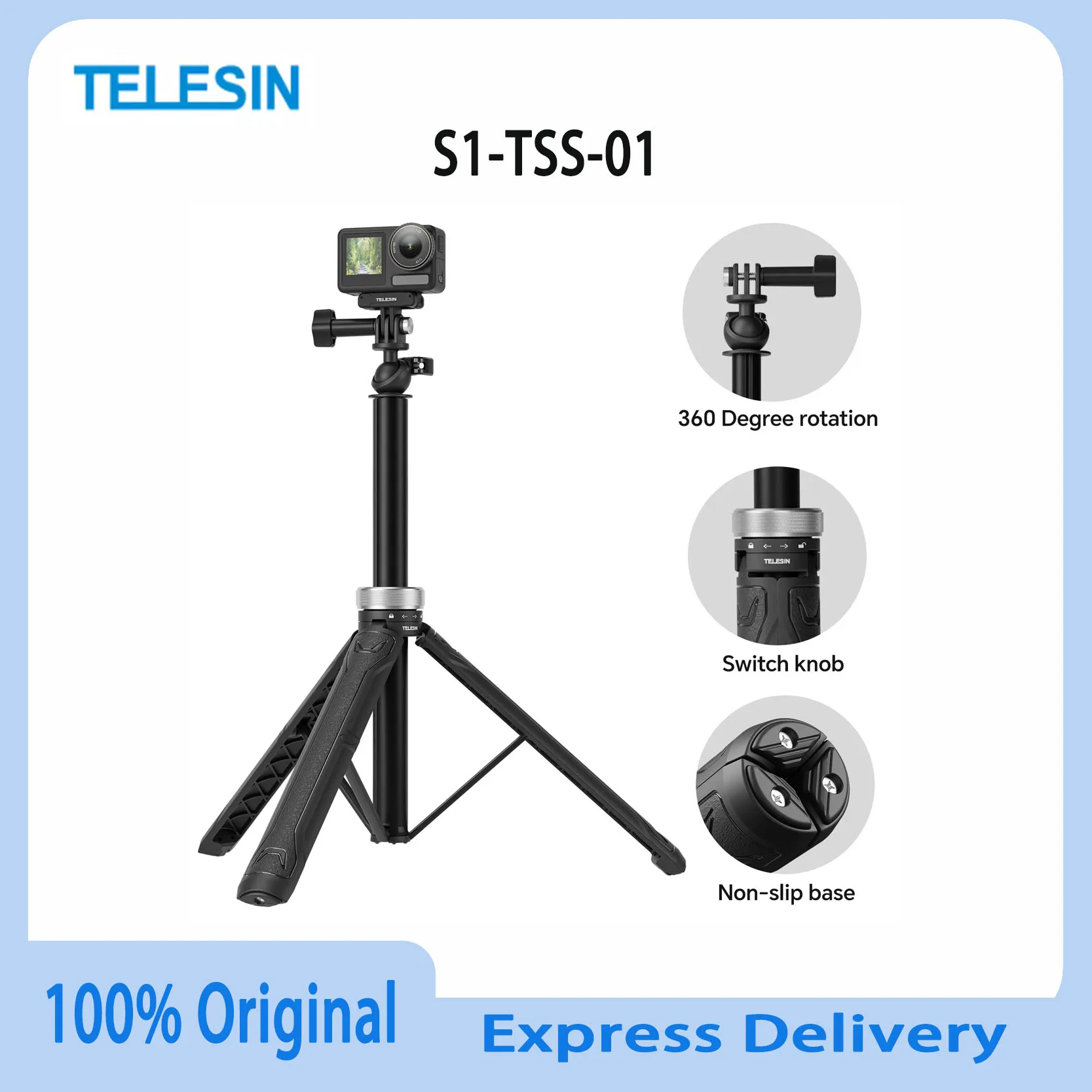 

Оригинальный TELESIN 360 ° Складной штатив-селфи-стик Rotation 1.5M для GoPro Hero 13 12 11 10 9 8 7 6 5, Insta360, DJI Osmo Action