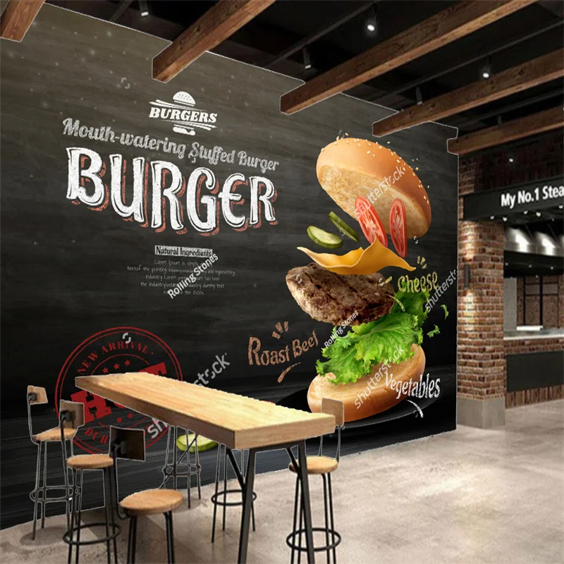 Custom Blackboard Burger Fast Food Wallpaper Industrial Decoration Mural Restaurant Snack Bar Dining Table Background Wall