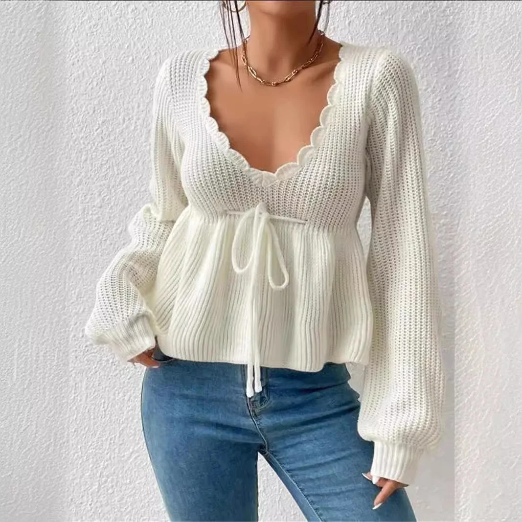 

Loose Lace V-neck Drawstring Lace-up Ruffle Skirt Knit Solid Color Casual Sexy Pullover Sweater