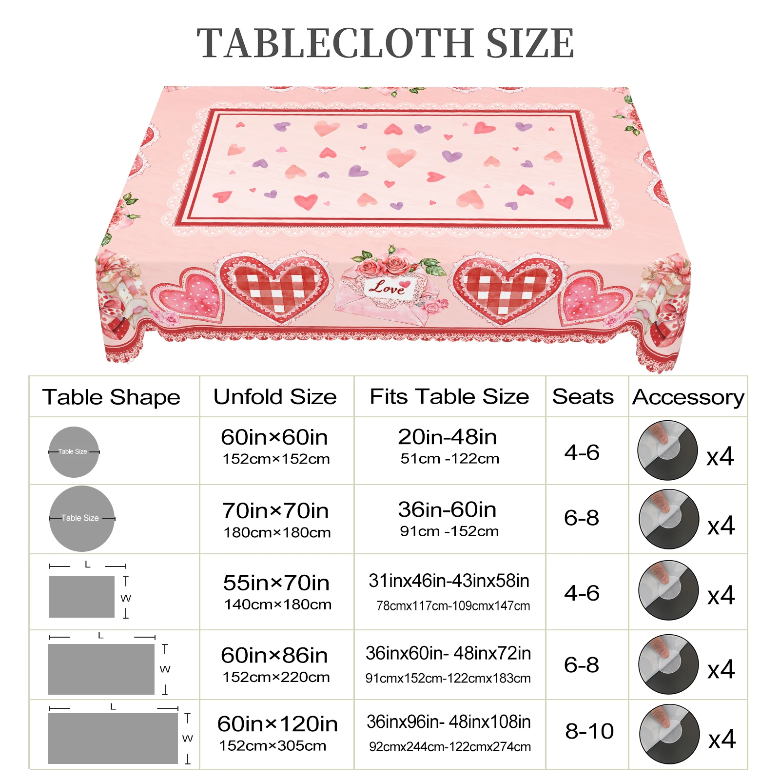 قطعة واحدة من مفرش المائدة المستدير والمستطيل لعيد الحب، متوفر في 5 مقاسات، مفرش طاولة مزخرف بطباعة التاريخ الرومانسي، يأتي مع 4 ملصقات مفرش طاولة بحافة منقوشة، ديكور مفرش طاولة للحديقة في المنزل، مناسب للاستخدام اليومي في المطبخ والفناء، هدية عيد الحب