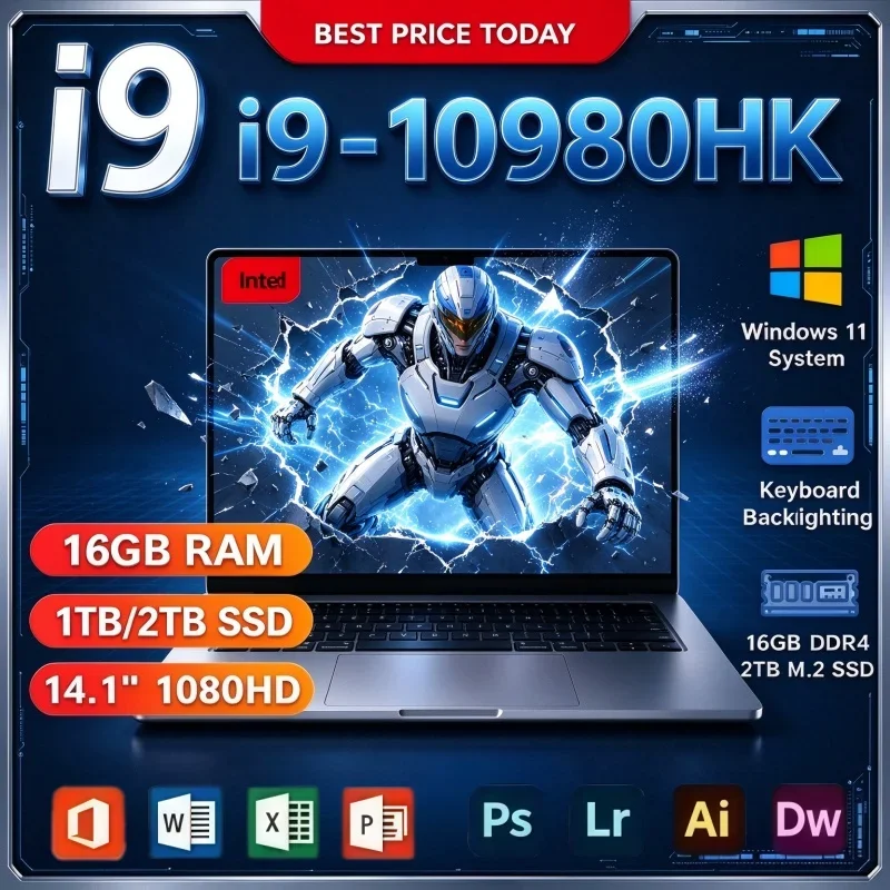 Portable 14.1 Inch Gaming Office Laptop Intel Core I9 10980HK Windows 11 32GB RAM 2TB SSD Ultra Thin Notebook Computer
