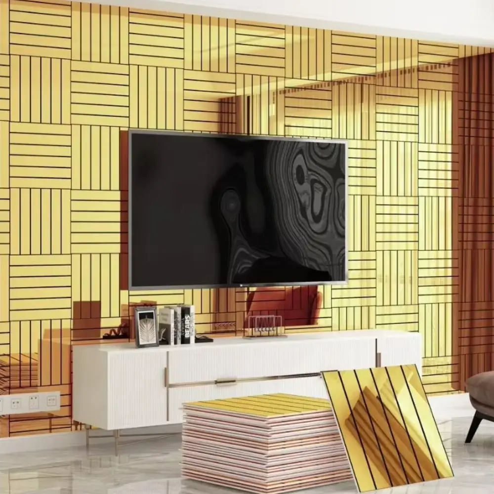 10PCS Self-Adhesive Faux Grille Mirror Wall Sticker Reflective Waterproof Wall Panel Sticker Stripe Pattern Square