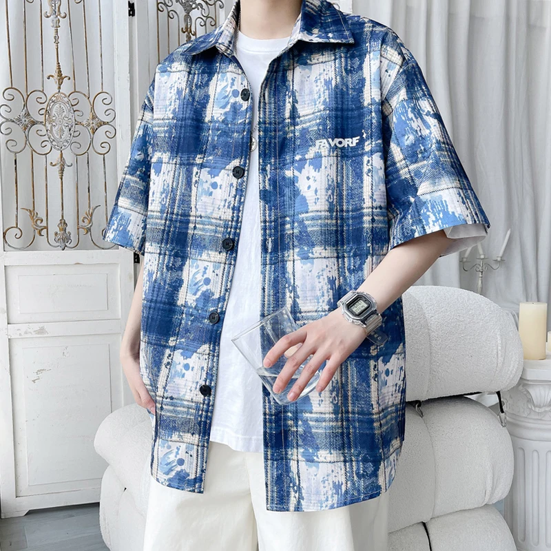 Plaid Ice Feel Tie Dye Short Sleeve Shirt Men Women Casual Loose Plus Size Shirt Thin Fabtic Pink Blue Green Clothes