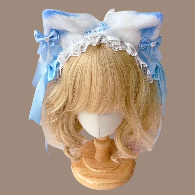 Słodkie Pluszowe Kocie Uszy Lolita Koronkowa Opaska Wstążka Kokarda Cosplay Falbankowa Opaska Akcesoria do Włosów Jk Spinki Maskarada Nakrycie Głowy