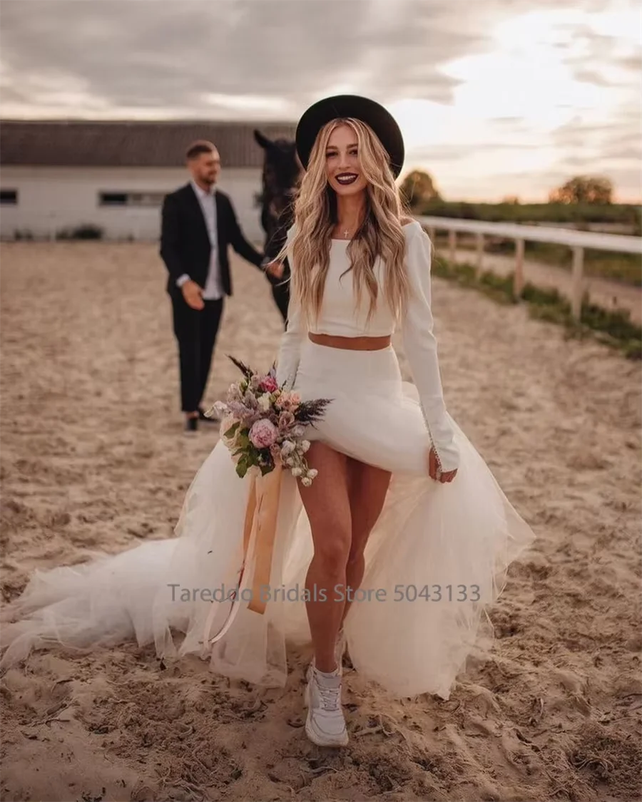 Customized  Two-Piece Bohemian Jersey Wedding Dress Long Sleeves Dropped Waistline Ruffled Tulle Exquisite Casual Bridal Dress