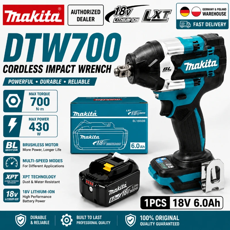 Original Makita DTW700 Akku-Schlagschrauber 18V 700Nm Elektrischer Schrauber Professionelles Elektrowerkzeug Variable Geschwindigkeit Auto-Stopp 1/2 Zoll Vierkantantrieb Kompatibel mit Makita LXT
