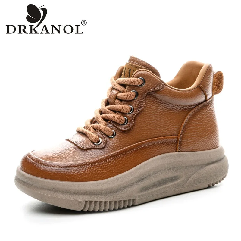 

DRKANOL модные женские ботильоны на танкетке, осенне-зимняя теплая обувь, женские короткие ботинки из натуральной кожи на толстой подошве и платформе