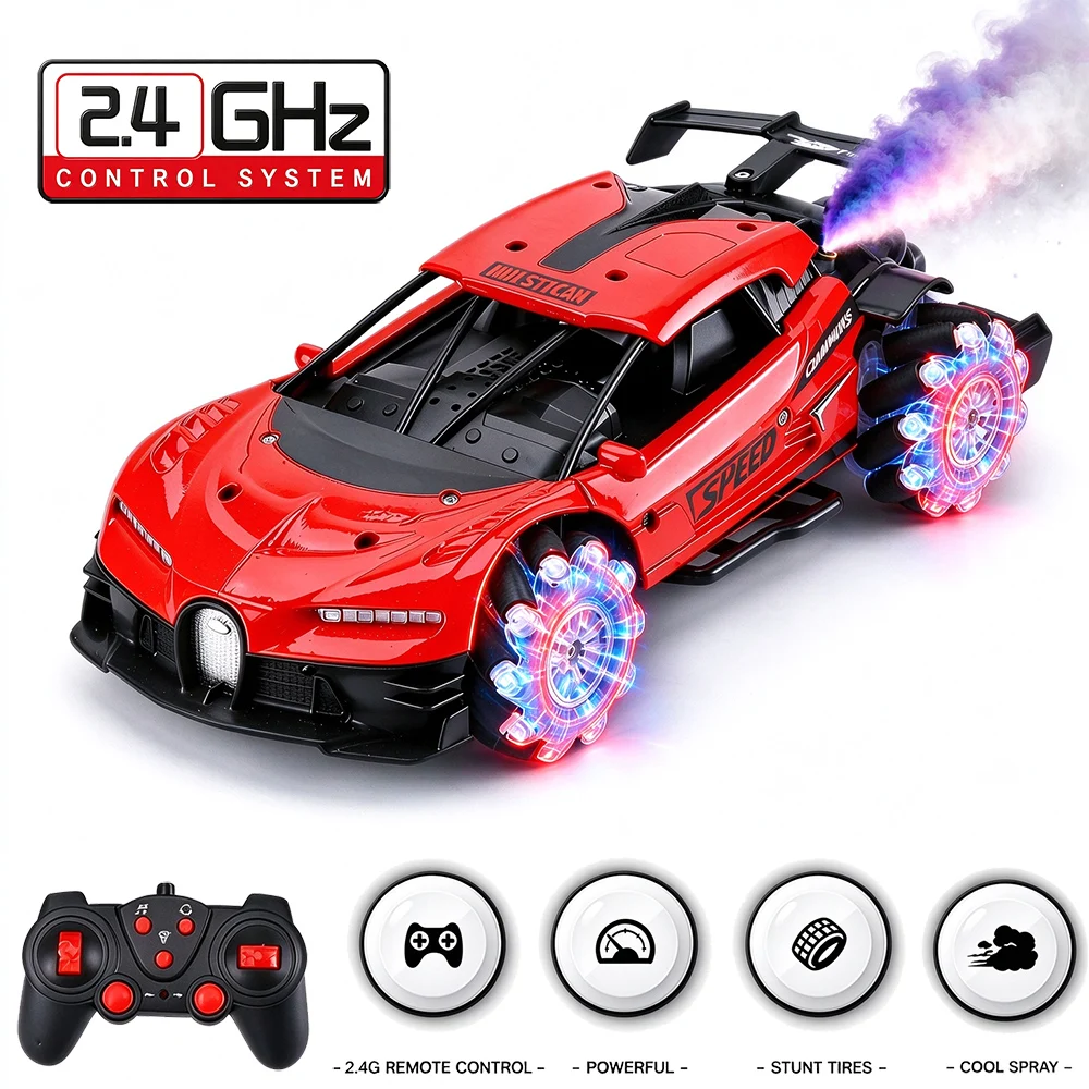 2.4G Alloy RC Stunt Car Remote Control Spray Racing Car With Light Music Side Drift Toy Vehicle For Boys Kids Gift