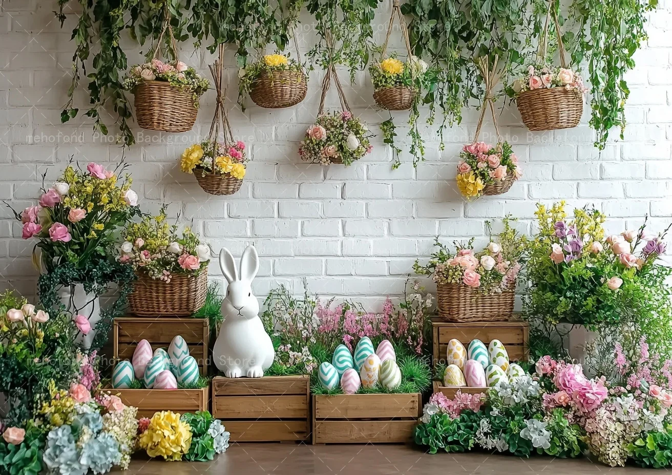 Mehofond Photography Background Spring Easter Colorful Egg Rabbit Flower Basket Wooden Box Kids Family Portrait Backdrop Decor