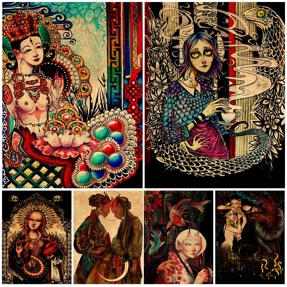 

The Lizard Girl And Horned Devil Vintage Wall Art Canvas Painting Home Decor Light Witch Color Retro Poster And Prints Uunframed