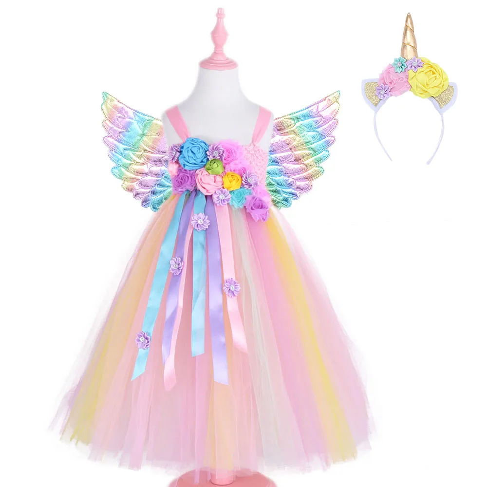 Pastel Rainbow Unicorn Dress Girl Wedding Party Dress Flower Girl Tutu Dress Baby Kids Birthday Dress for Girls Carnival Costume