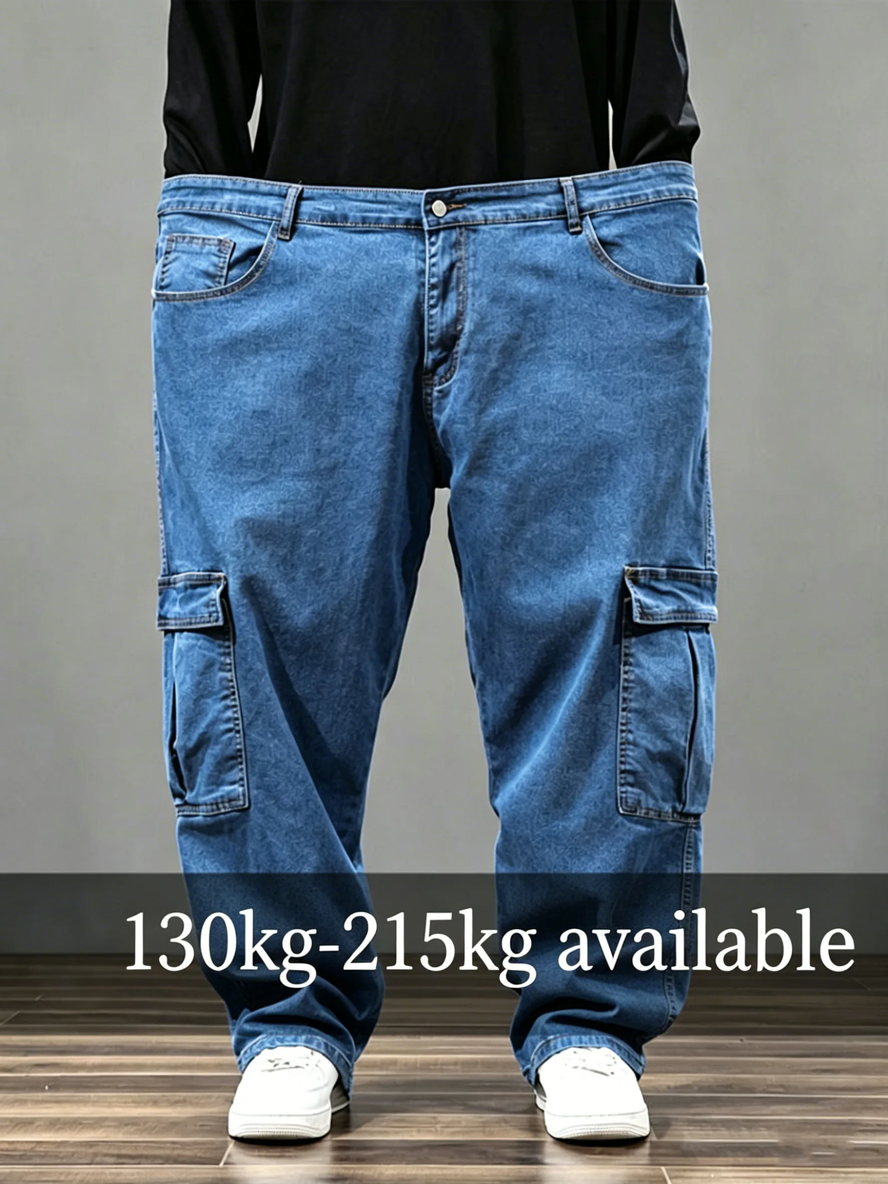 

Plus Size Men Cargo Jeans Stretch Straight Leg Denim Pants 4XL-9XL 130-200KG Casual Workwear Trousers Blue Big Tall Men Wear