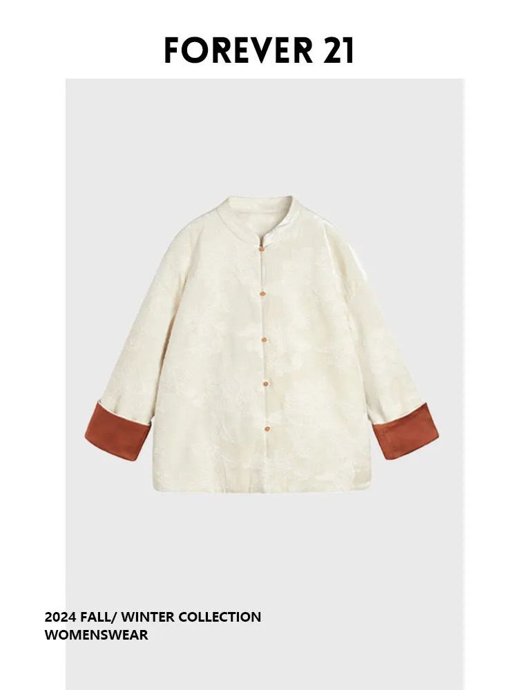 

Forever 21 Chinese Style National Retro Splicing Color Sleeve Mouth Embroidered Cotton Jacket Women's Long Sleeve Outerwear