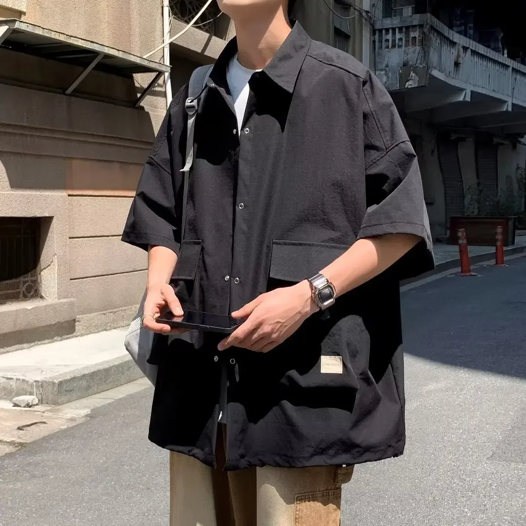 Men's Retro Large Pocket Cargo Shirt Jacket Coat Summer Loose Casual Short Sleeved Shirt For Men Y2k Japan Korea Streetwear