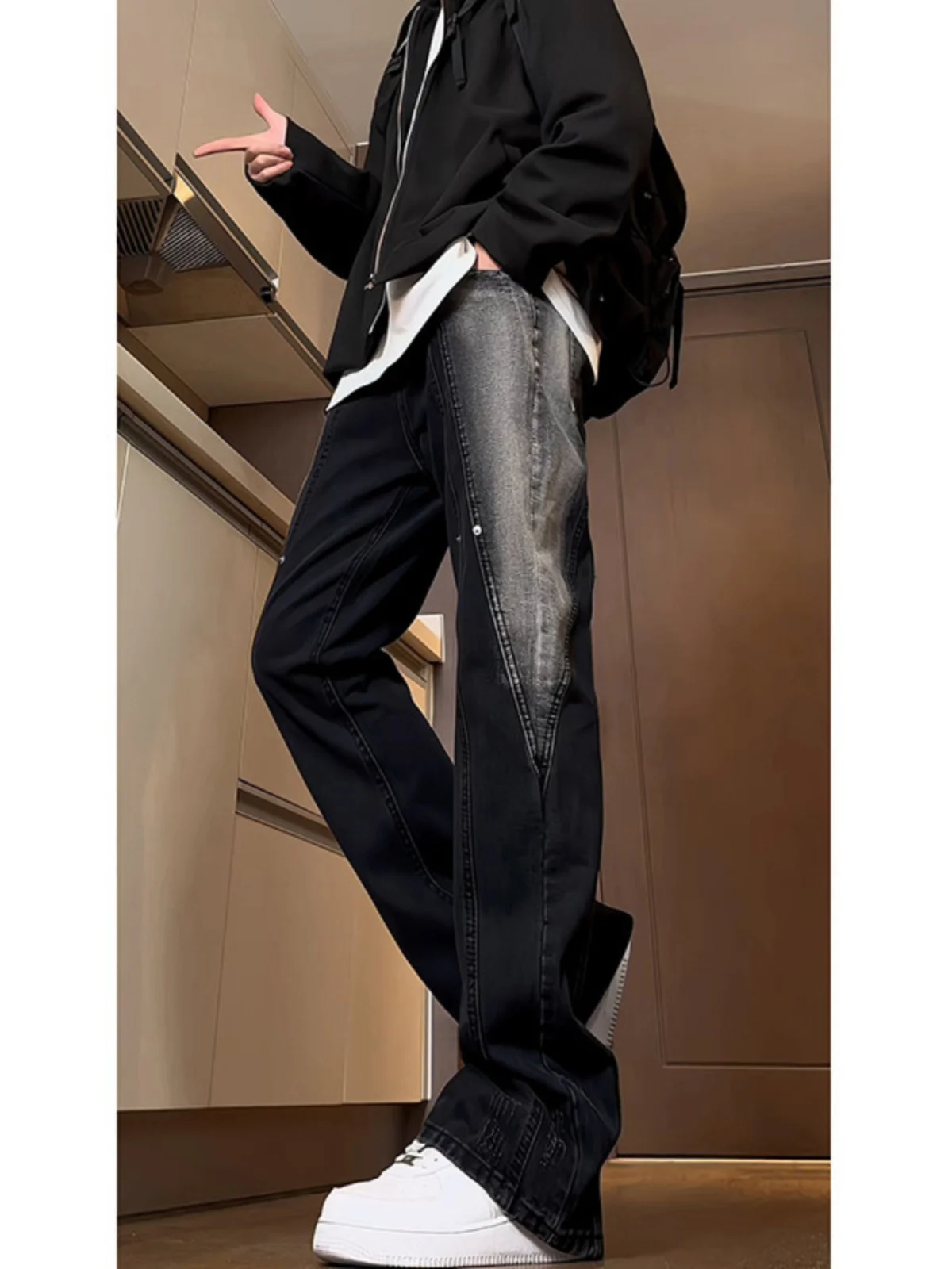 

Мужские джинсы из денима с высокой талией, облегающие, прямого кроя, в американском стиле, молодежный тренд