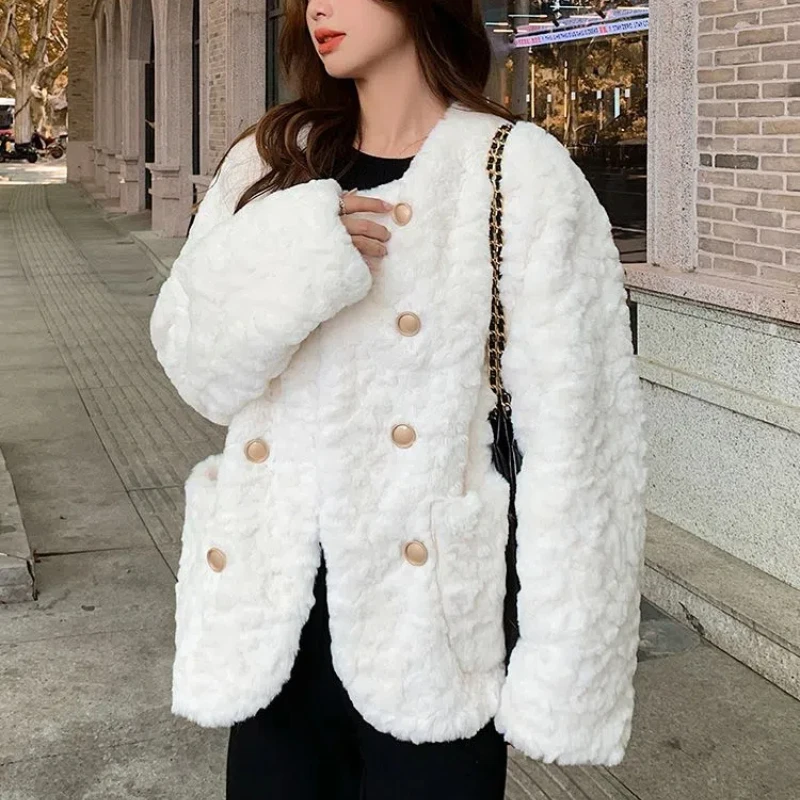 

Fashion Office Lady Urban Beauty Lamb Wool Coat Women Winter Loose Thicken Pockets Single-breasted O-Neck Long Sleeve Jackets