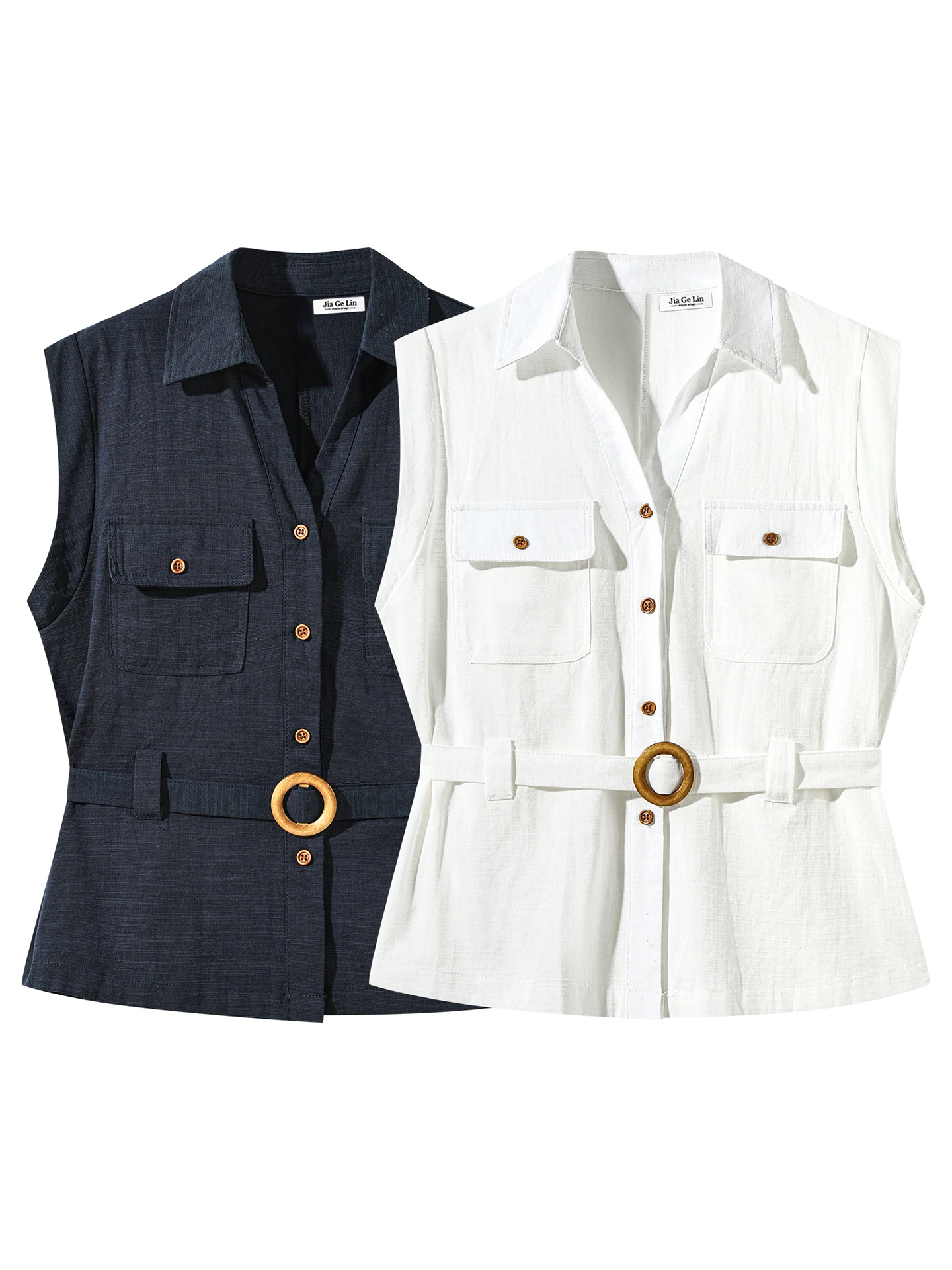 JiaGeLin Koreański Stylowy Prosty Top z Kołnierzykiem, Dopasowany w Talii, Wyszczuplający, na Lato dla Kobiet