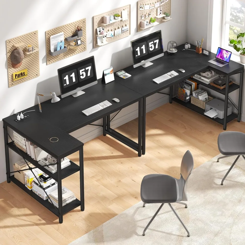 48 Inch L Shaped Desk with Storage Shelves & Side Bag, Computer Desk with Power Outlets, Reversible Corner desks