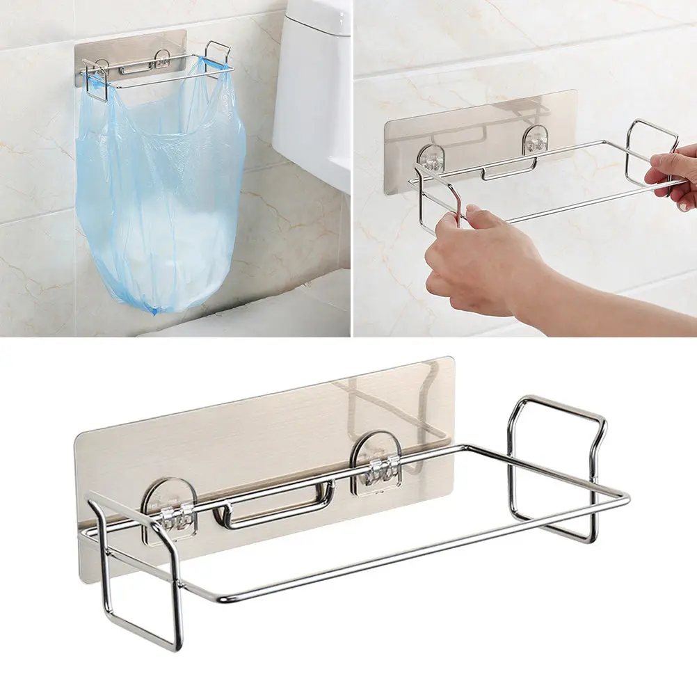1Pcs Door Back Stainless Steel Storage Rack Punch Free Multipurpose Kitchen Towel Rack Garbage Bag Holder Bathroom Organizer