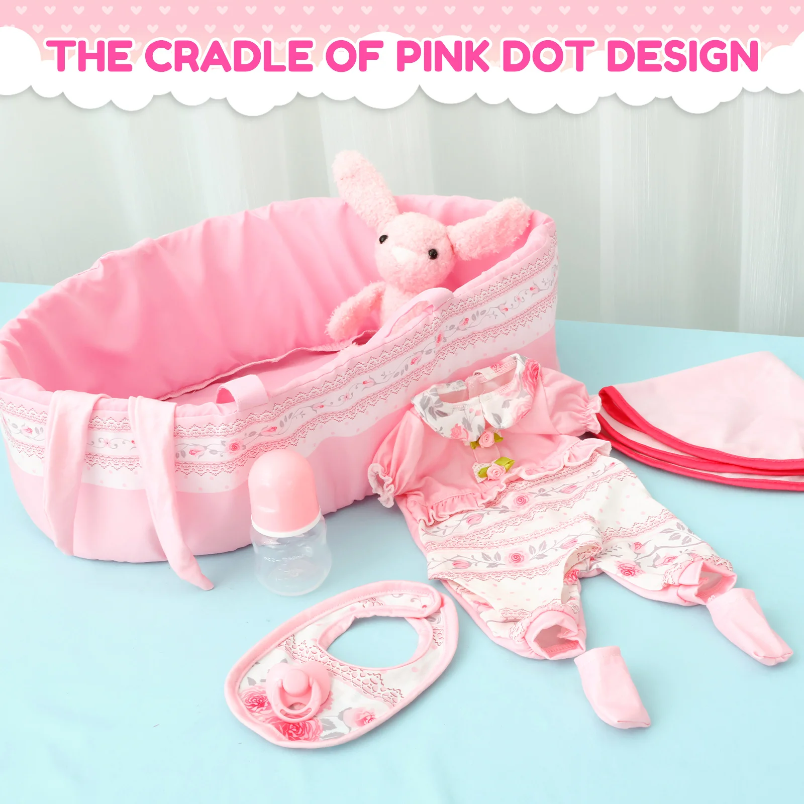 10-teiliges Puppenkleidungsset, tragbares Babypuppenzubehör mit Stubenwagen, Windel, Schnuller, Babyflasche für Kinder, Kleinkinder, Mädchen, Jungen