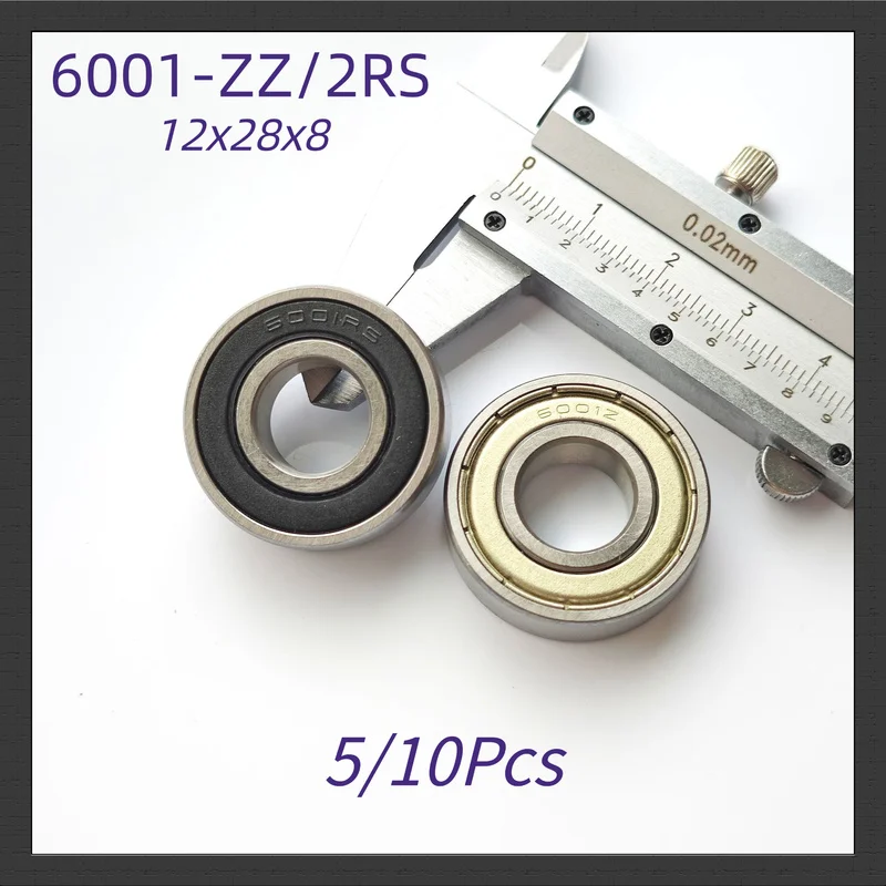 5/10Pcs 6001‑2RS 6001ZZ Deep Groove Ball Bearing 12x28x8mm Double Seal Bearing Steel