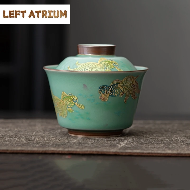 Fish Celadon Gaiwan For Tea Ceramic Tureen With Lid Teaware Set Green Chinese Tea Bowl ChawanLotus Tea Cup