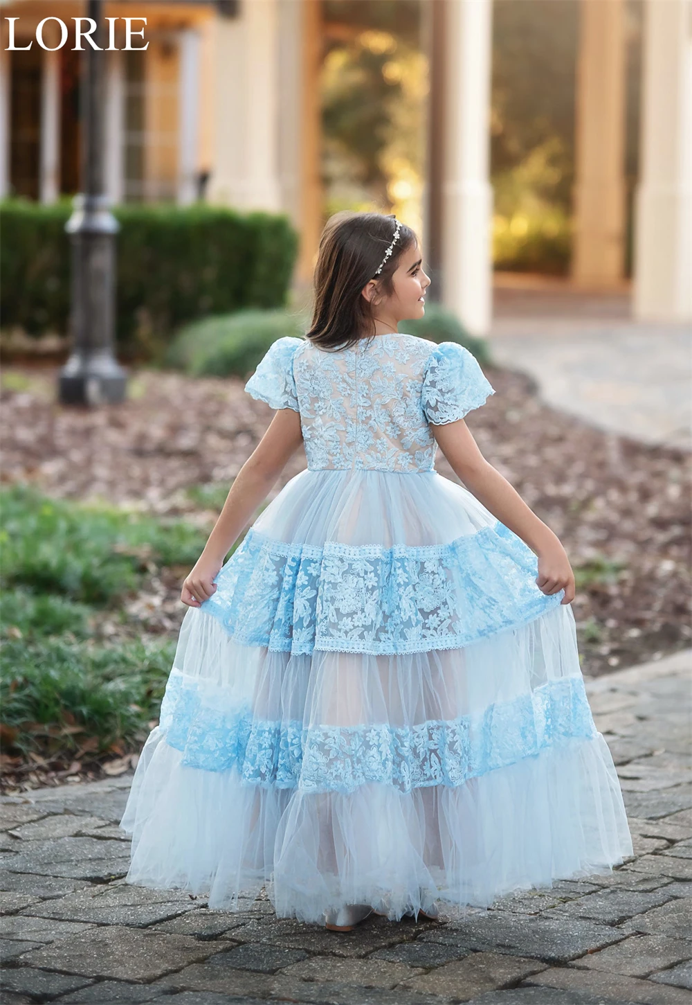 LORIE Cute Sky Blue Tulle Flower Girl Dresses A-Line Pleated O-Neck Lace Puff Sleeves 2025 Fairy Birthday Party Dress Customized