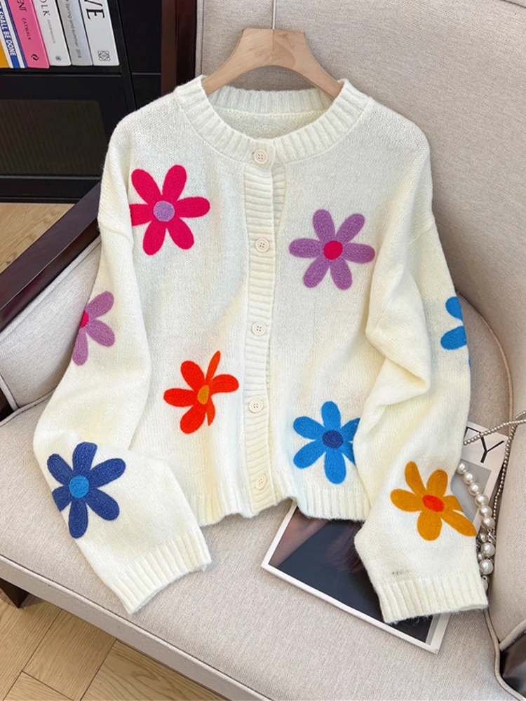 Women's Flower Cardigan Sweater Harajuku Korean 90s Y2k Long Sleeves Sweaters Jumper Vintage 2000s Cutecore Clothes Autumn 2024