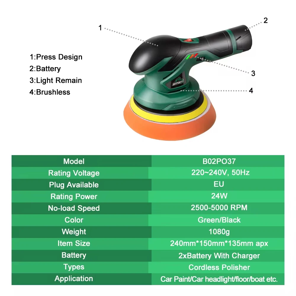 BATOCA Cordless 12V Car Polisher Dual Action Wireless Car Polishing Machine Electric Polish Machines Adjustment Power Tools