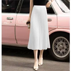 Summer New Pleated High Waist Thin Skirts Solid Color Loose All-match Plus Size A-line Skirt Elegant Fashion Women Clothing