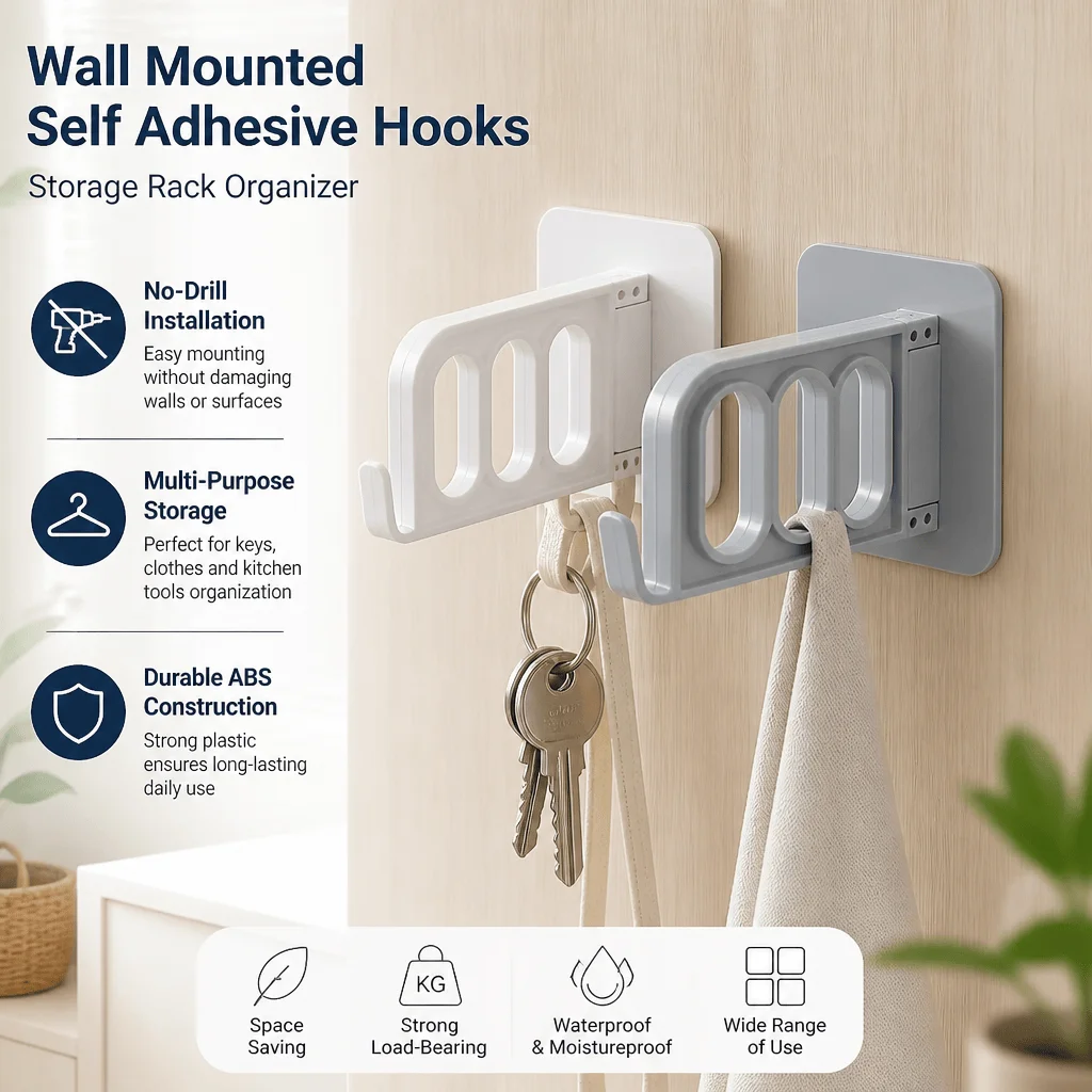Adhesive Hooks Wall Mounted Organizer No Drill Storage Rack Key Holder Space Saving ABS Hooks Apartment Renters Kitchen Bedroom
