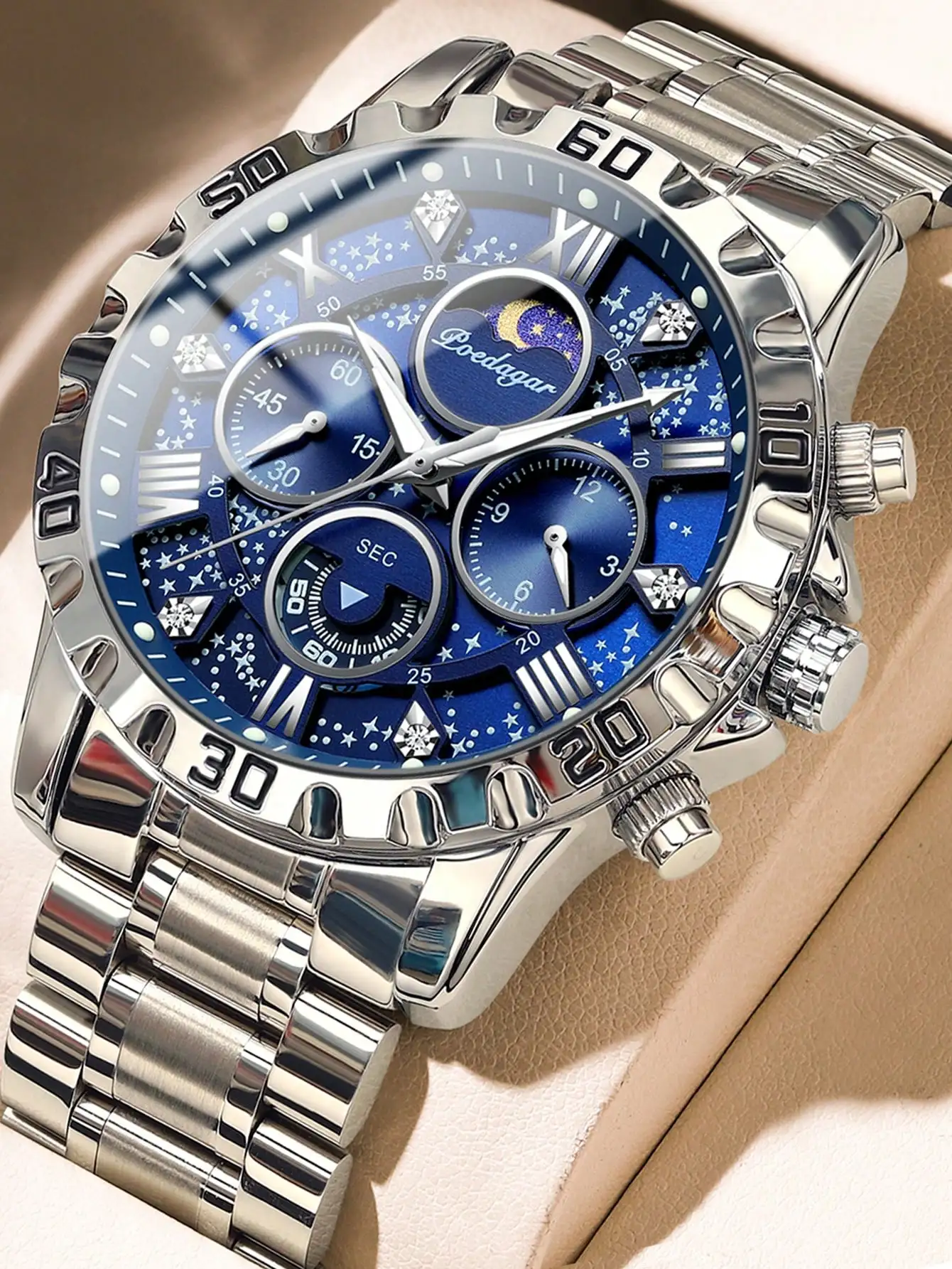 

Мужские часы-хронограф из нержавеющей стали с синим звездным циферблатом и светящимися стрелками