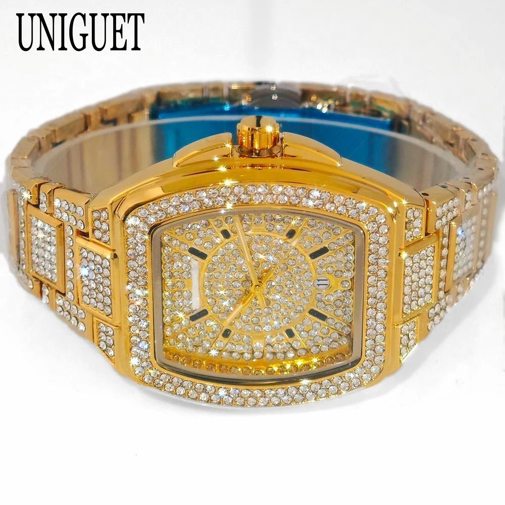 2025 UNIGUET Luxury Gold Ice Watch For Men Fashion Hip Hop FUll Diamond Bling Jewelry Tonneau Wristwatch Man Dropshipping