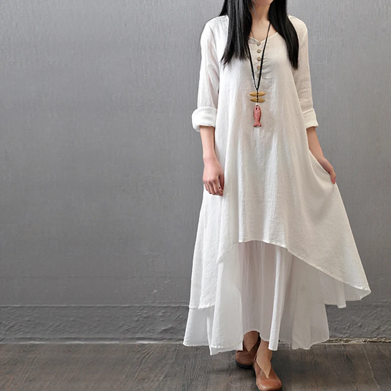 Summer Women Linen Dress  Gypsy Maxi Boho Vintage Kaftan Loose Dress Fake Two-piece Literary Irregular Large Swing Dress Robe