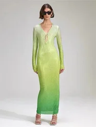 Hot Diamond Gradient Green Prom Party Dress Luxury Sexy V Neck Full Sleeves Shiny Long Maxi Evening Gown Formal Robe De Mariée