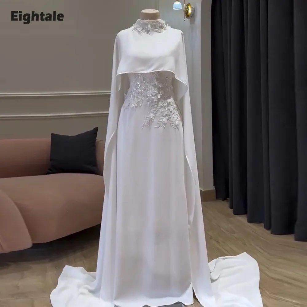 Eightale Arabic Wedding Dresses 3D Flowers High Neck Customized Long Sleeve Mermaid Satin Bridal Gowns Vestidos De Novia