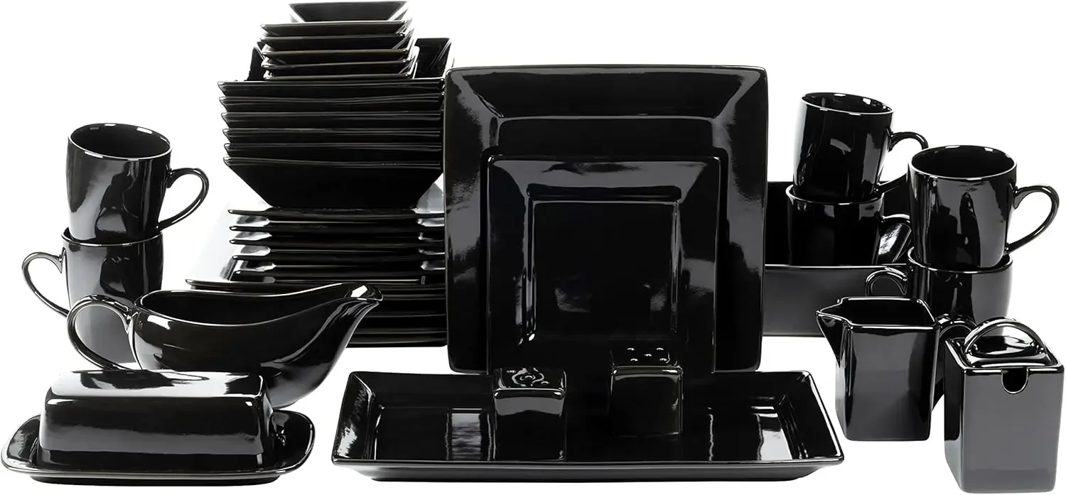 10 Strawberry Street Nova Square 40 pc Dinnerware Set, Black dish set  vajilla completa de platos  jogo de jantar completo