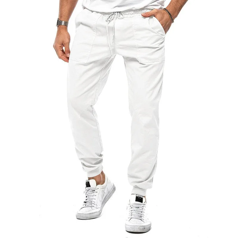 Calça cargosa de cintura elástica masculina, calça com cordão, monocromática, rua alta, casual, bolsos, primavera, verão, nova moda