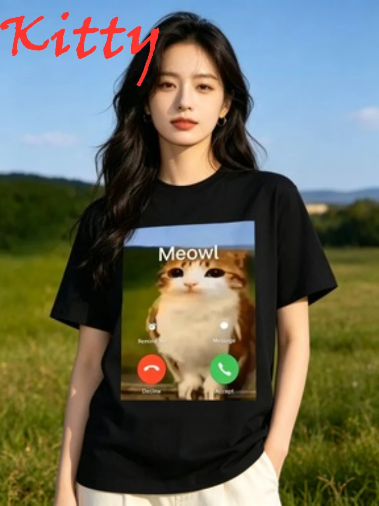 T-shirt pour femme Meowl Is Calling Phone Call Meme Brainrot Funny Cat Owl, mode Harajuku, manches courtes, vêtements pour femme